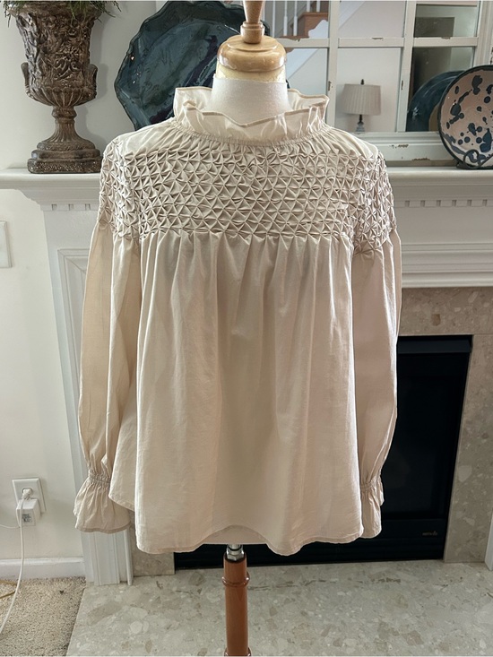 Merlette Tops - Merlette Majorelle Cream Smocked Yoke Blouse with a Elegant Ruffle Neck